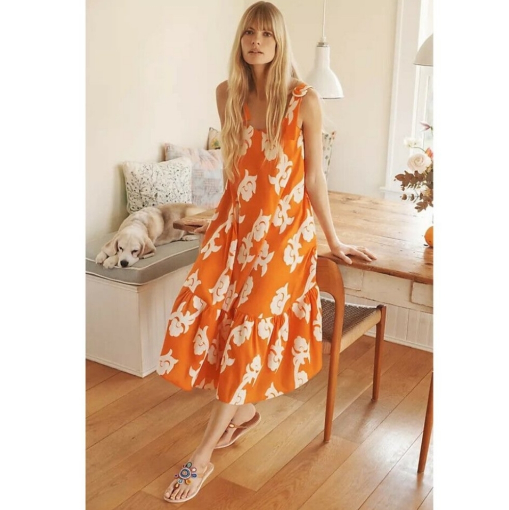 Sleeveless Orange Floral Tie-Shoulder Maxi Dress
